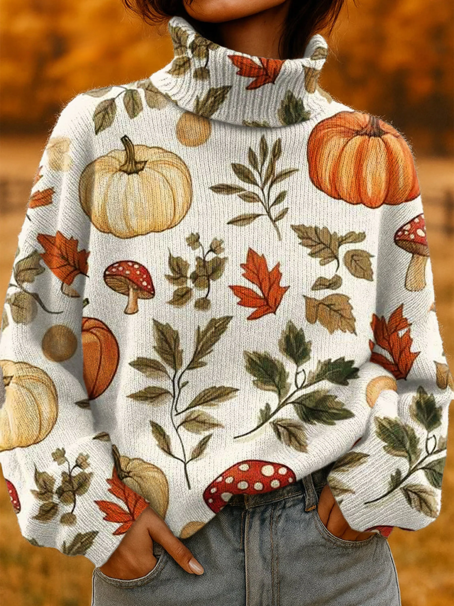 Women's Autumn Pumpkin Print Turtleneck Knit Sweater