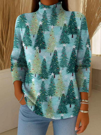 Women's Christmas Tree Print Knitted Turtleneck Long Sleeve Pullover