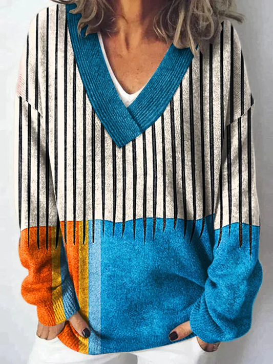 Minimalist Abstract Geometry Art  Print Knit V-neck Pullover Sweater