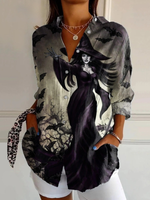 Women's  Halloween Witch  Art  Print Casual Cotton Shirt