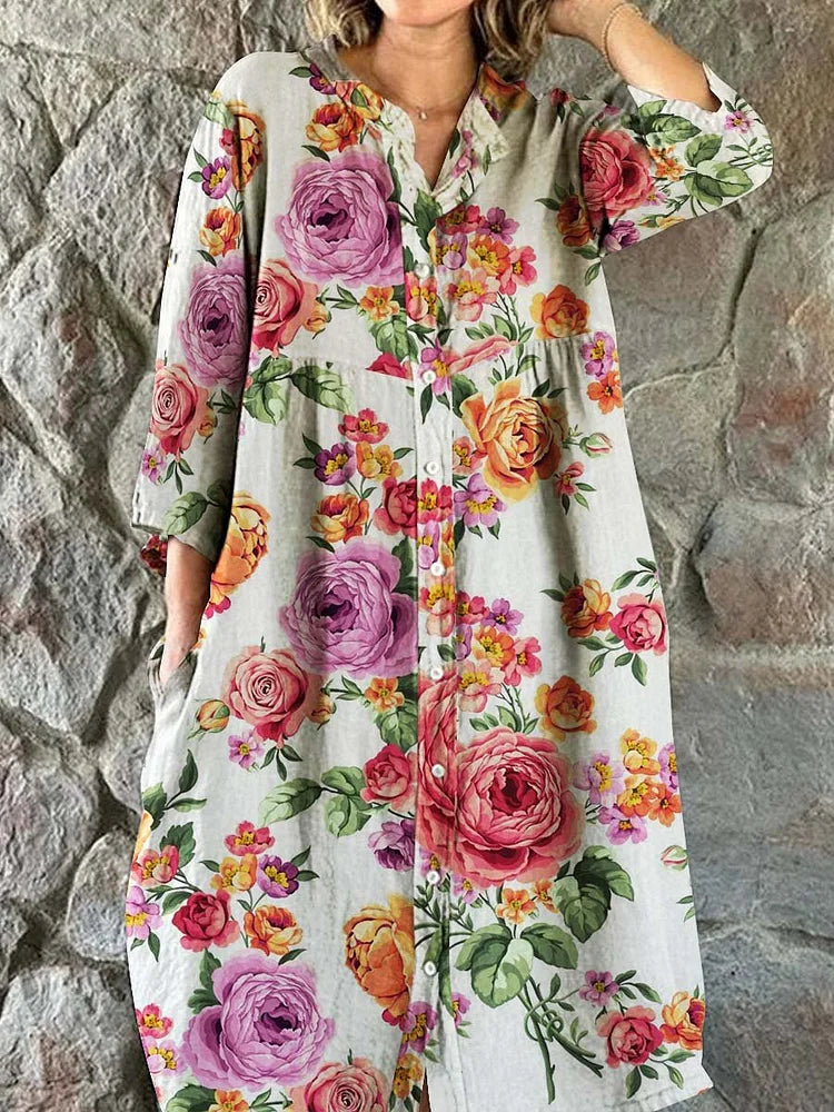 Women's Elegant Vintage Floral Print Shirt Style Cotton and Linen Dress