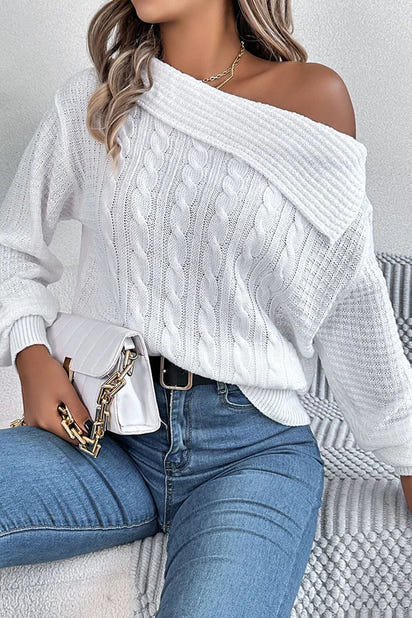 Solid Color Casual One Shoulder Long Sleeve Knitted Sweater