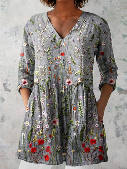 Women's Vintage Floral Art Print Casual Cotton Linen V-neck Tunic