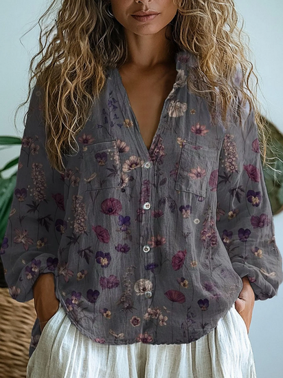 Women's  Retro Floral Art Print Casual Long Sleeve Comfortable Cotton Shirt