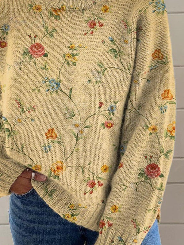Women's Lovely Floral Art Print Knit Turtleneck Pullover Sweater