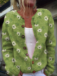 Women's Vintage Lovely Floral Art Print Buttoned Cardigan Sweater