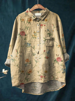 Women's Vintage Floral Art Print Casual Cotton And Linen Shirt