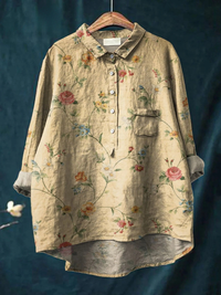Women's Vintage Floral Art Print Casual Cotton And Linen Shirt