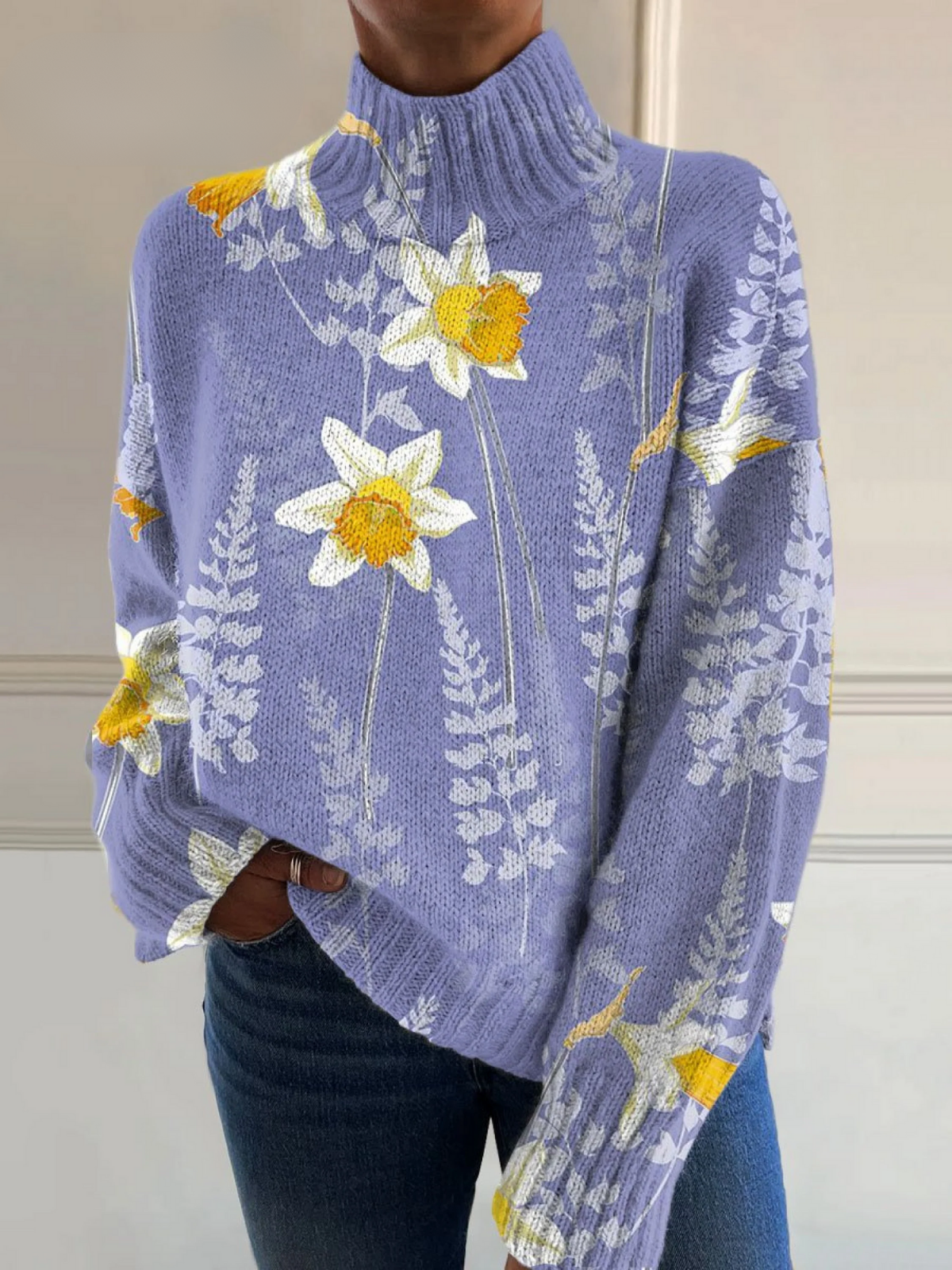 Pastel Floral Art Print Knit Turtleneck Pullover Sweater