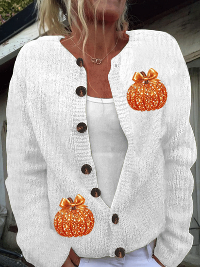 Women's Autumn Sequin Pumpkin Print Cardigan Sweater