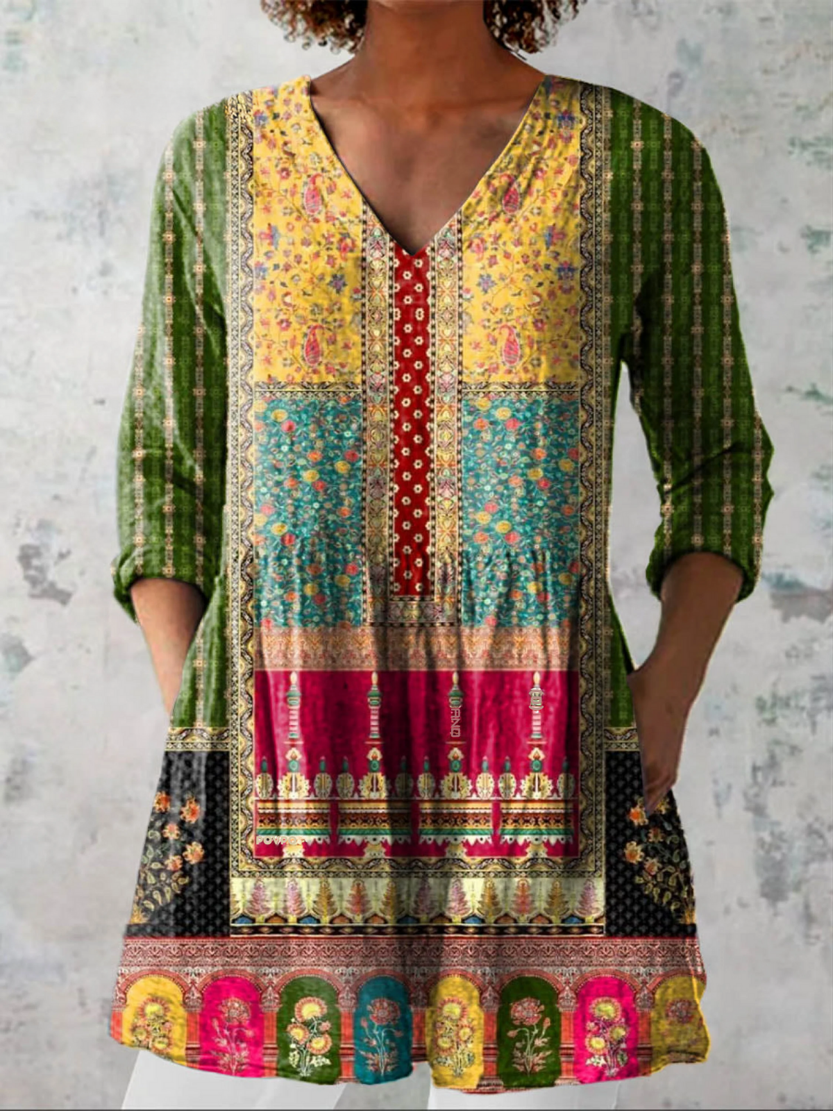 Women's Vintage Ethnic Floral Art Print Casual Linen V-neck Tunic