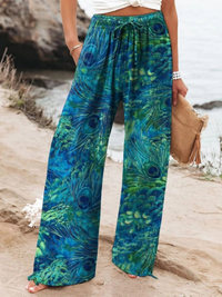 Women's Peacock Feather Print Casual Cotton Linen Shirt