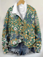 Nature Lover Wild Floral Art Print Buttoned V-neck Cardigan Sweater