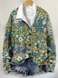 Nature Lover Wild Floral Art Print Buttoned V-neck Cardigan Sweater
