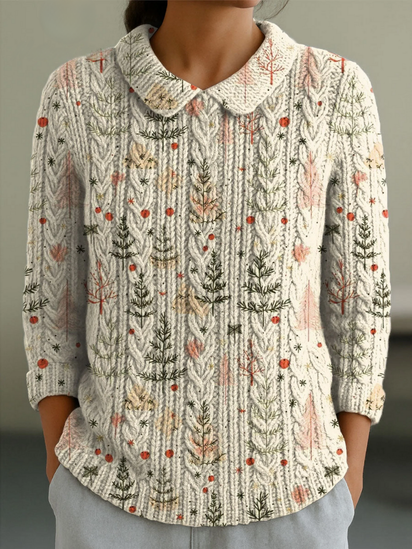 Women's Christmas Tree Art Print Casual Peter Pan Collar 3/4 Sleeve Sweater