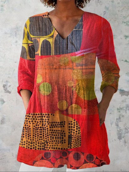 Women's Modern Abstract Art  Print Casual Linen V-neck Tunic