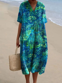 Women's Peacock Feather Print Casual Cotton Linen Shirt