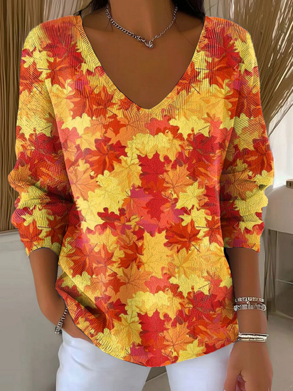 Women's Autumn Leaves Orange Casual Print Pullover Sweater