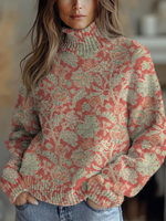 Watercolor Retro Floral Pattern Printed Knit Turtleneck Pullover Sweater