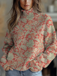 Watercolor Retro Floral Pattern Printed Knit Turtleneck Pullover Sweater