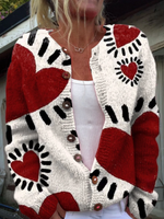Simple Red Love Pattern Print Buttoned Cardigan Sweater