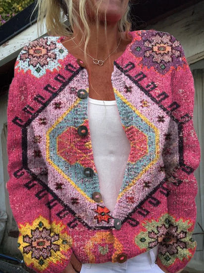 Retro Motifs Print Buttoned Cardigan Sweater