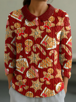 Women's Christmas Gingerbread Man Print Casual Peter Pan Collar 3/4 Sleeve Sweater