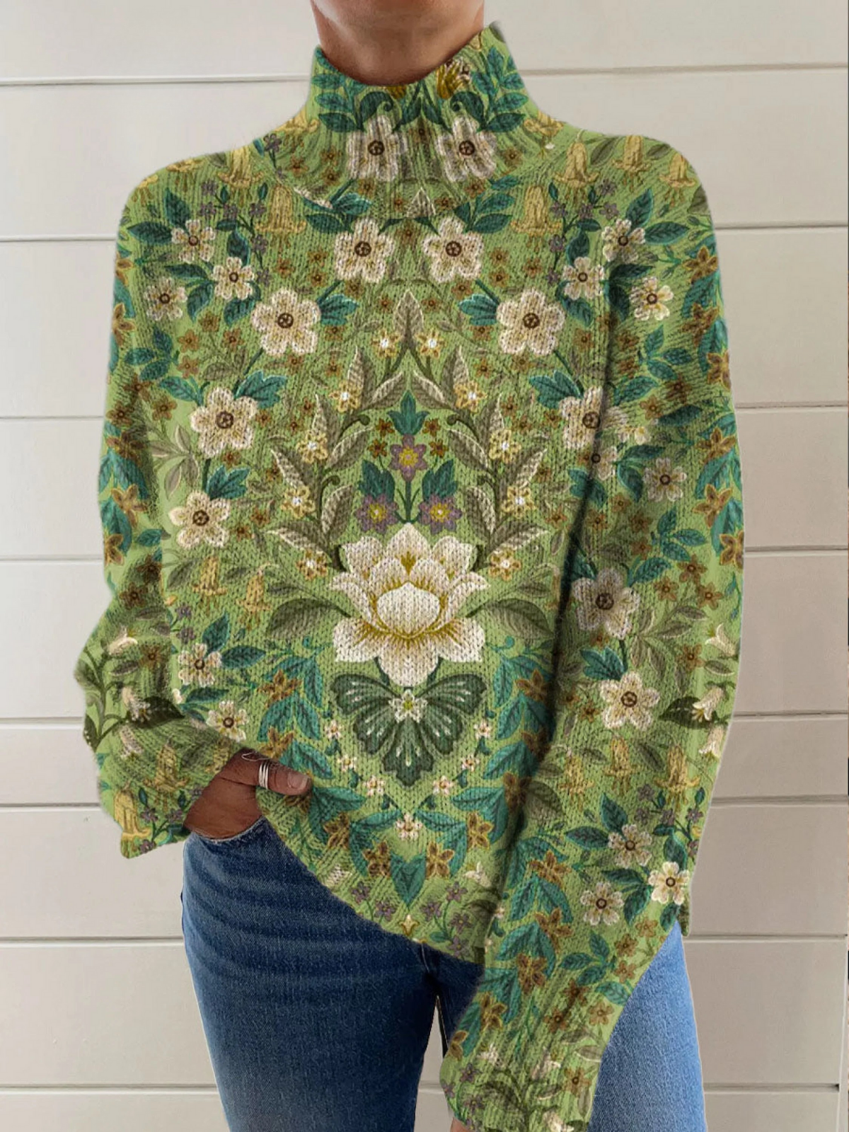 Women's Vintage Green Ethnic Art Flower Print Knit Turtleneck Pullover Sweater