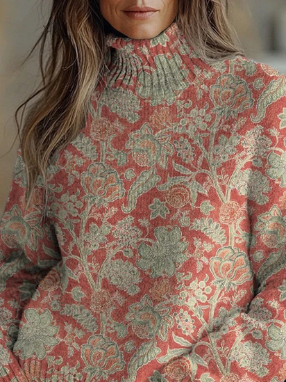Watercolor Retro Floral Pattern Printed Knit Turtleneck Pullover Sweater