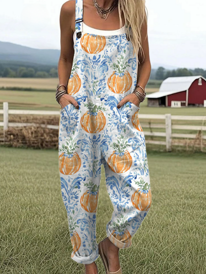Women's  Vintage Pumpkin Art Print Casual 100% Cotton Wide Leg Jumpsuit