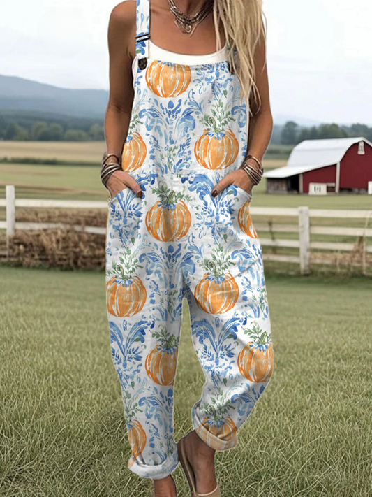 Women's  Vintage Pumpkin Art Print Casual 100% Cotton Wide Leg Jumpsuit
