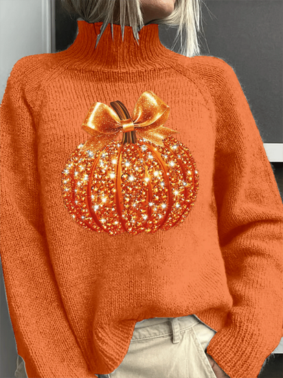 Vintage Shiny Pumpkin Art Print Knit Turtleneck Pullover Sweater