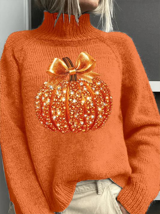 Vintage Shiny Pumpkin Art Print Knit Turtleneck Pullover Sweater