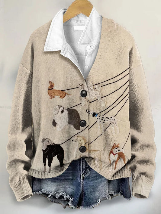 Dog 3D Art Print Buttoned V-neck Cardigan Sweater