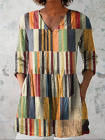 Women's Abstract Geometric Pattern Art Print Casual Cotton Linen V-neck Tunic