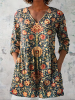 Women's Vintage Floral Art Print Casual Cotton Linen V-neck Tunic