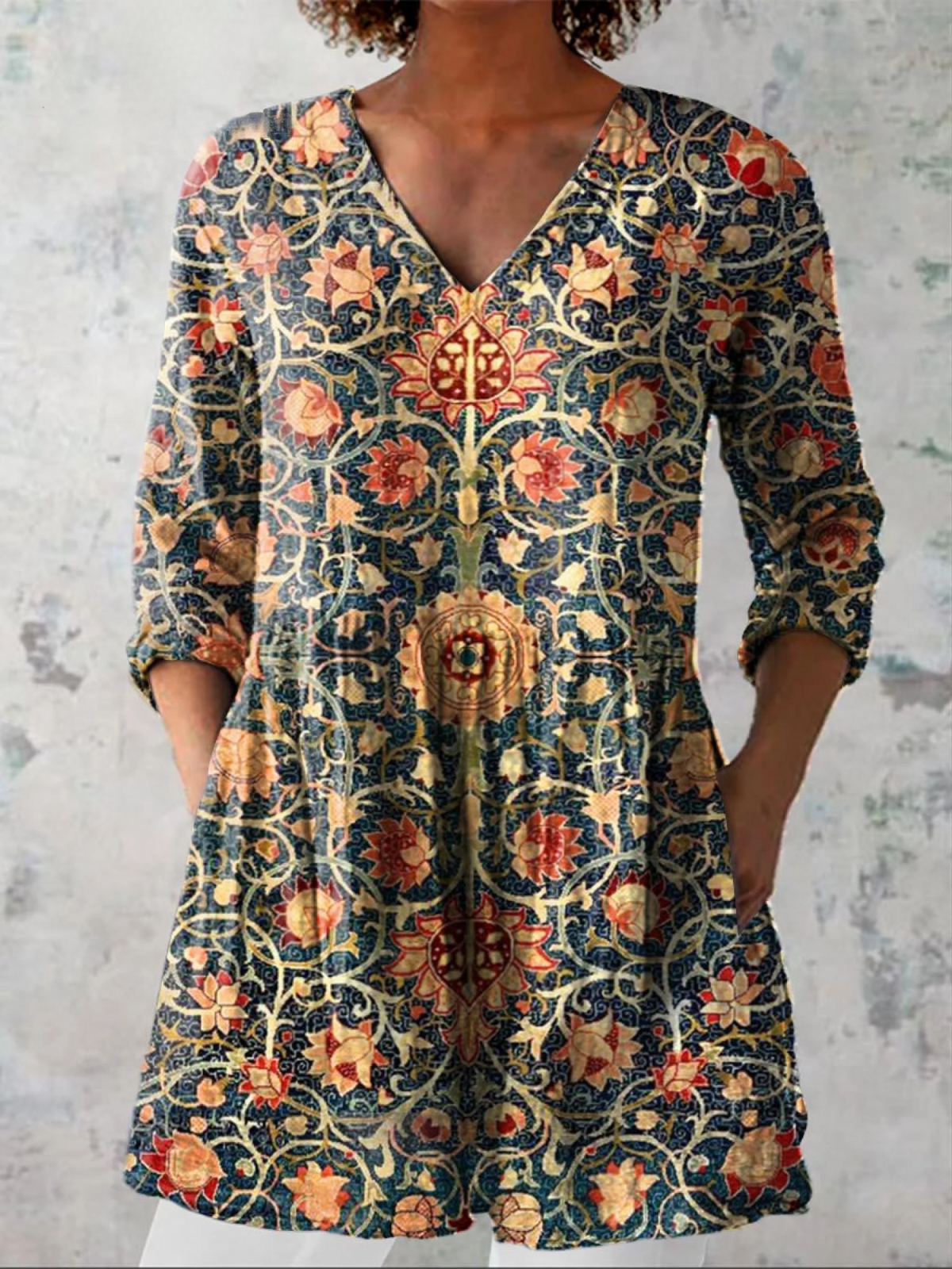 Women's Vintage Floral Art Print Casual Cotton Linen V-neck Tunic