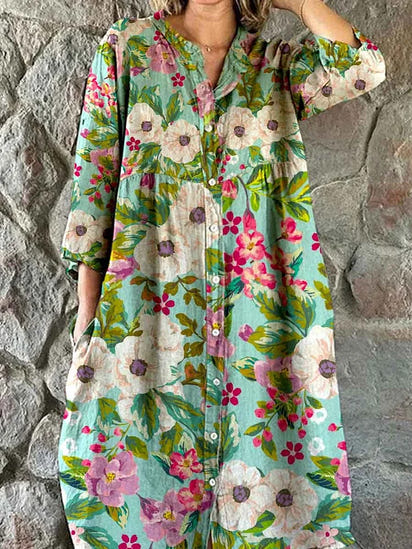 Women's Elegant Rose Floral Print Shirt Style Cotton and Linen Dress