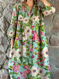 Women's Elegant Rose Floral Print Shirt Style Cotton and Linen Dress