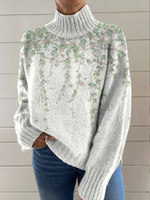 Vertical Flower Decorative Pattern Knit Turtleneck Pullover Sweater