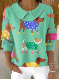 Women's Cute Colorful Dogs In Clothes Drawing Art Print Casual Peter Pan Collar 3/4 Sleeve Sweater
