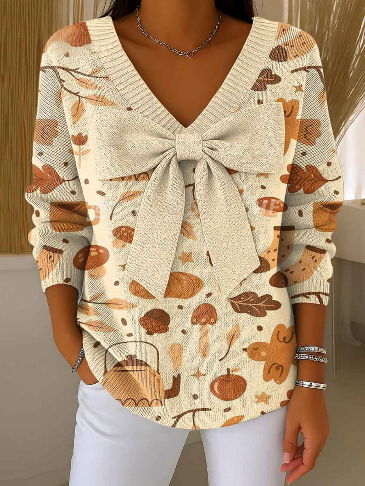 Women's Halloween Print Bowknot V-Neck Long Sleeve Casual Pullover Sweater