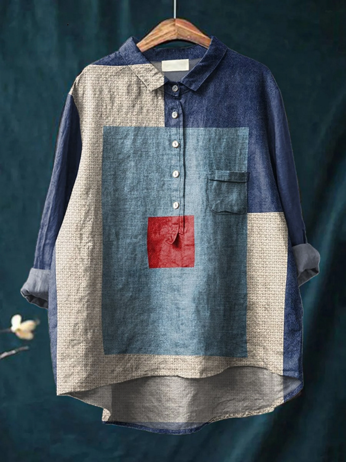 Women's Denim Blue Geometry Print Casual Cotton And Linen Shirt