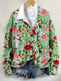 Vintage Cute Christmas Art Print Buttoned V-neck Cardigan Sweater
