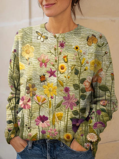 Women's Vintage Floral Art Print Knit Pullover Sweater