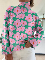 Women's Lovely Floral Art Print Knit Turtleneck Pullover Sweater