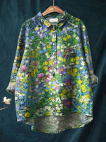 Women's Vintage Floral Art Print Casual  Linen Shirt