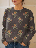 Vintage Flower Art Print Knit Pullover Sweater