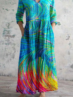 Women's Art Rainbow Print V-Neck Cotton and Linen Dress