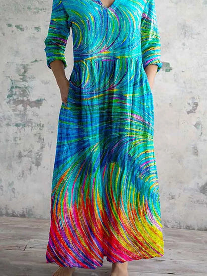 Women's Art Rainbow Print V-Neck Cotton and Linen Dress
